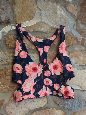 Tori Praver Swimwear Navy Floral Racerback Swim Top with Pink Blooms